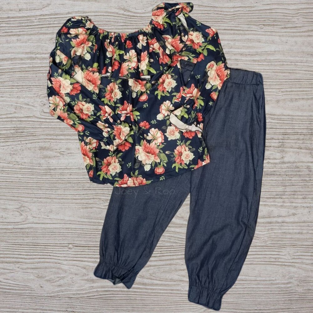 Girls Size 6 Floral Top Chambray Jogger Pants Outfit Set